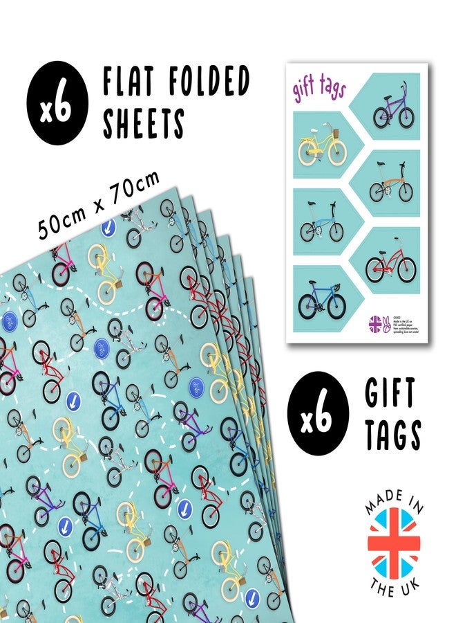 CENTRAL 23 Blue Wrapping Paper - 6 Sheets of Birthday Gift Wrap - Bicycle Bike - Biker Cyclist - For Kids Men Women - Comes with Fun Stickers - Recyclable - Image 2